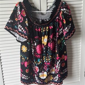 SHEIN Pink and Yellow Flutter Sleeve Graphic Blouse